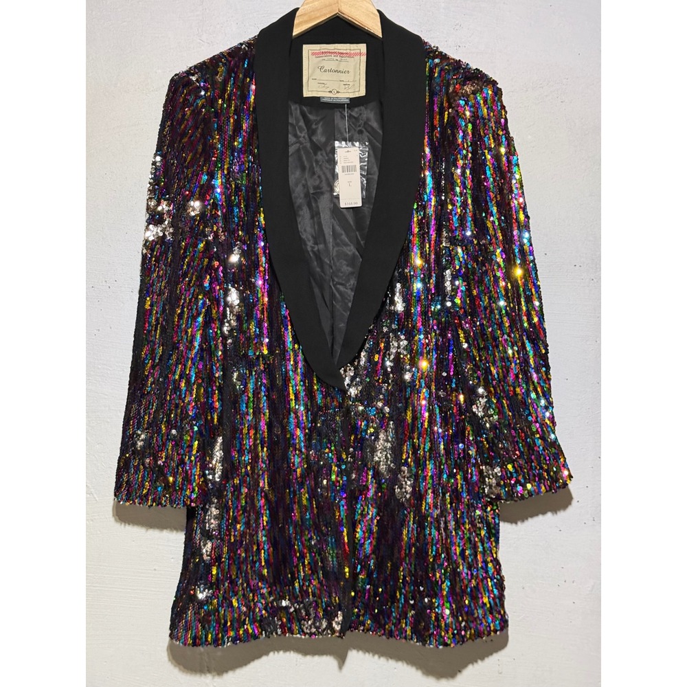 Anthropologie Womens Cartonnier Sequin Blazer L Multi Color Rainbow Glam Jacket
